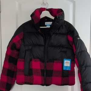 Columbia Women's Black and Red Buffalo Checkered Sherpa Puffer Jacket